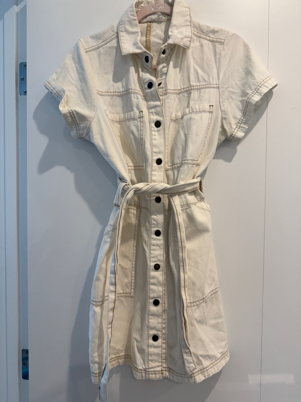 Denim Cream Button-Front Tie-Waist Mini Dress